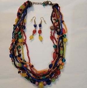 Multi color bead necklace and earrings